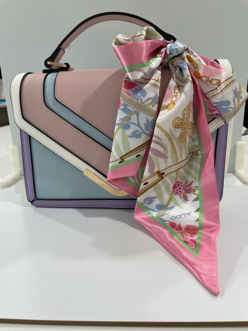 Aldo Pastel Colorblock Top-Handle / shoulder bag with Printed Scarf New no tag